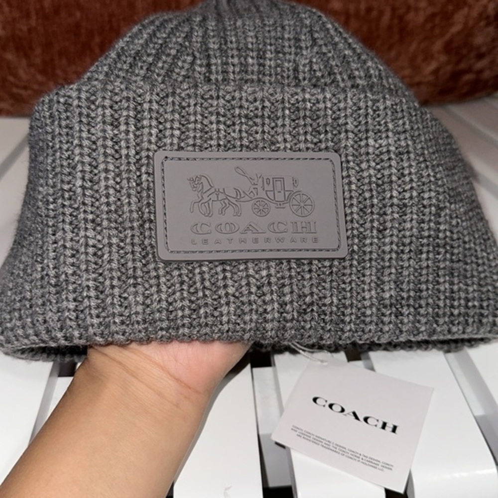 Coach Gray Rib Knit Beanie with Logo Patch
